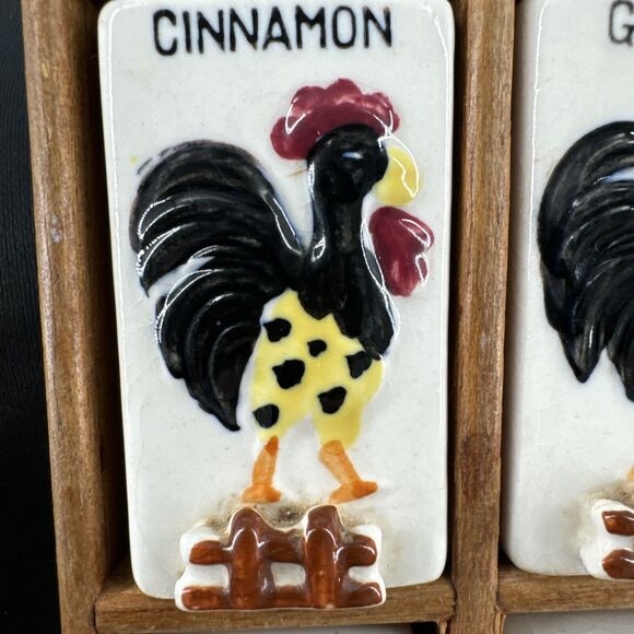 Spice Rack Vintage MCM 1950's Ceramic and Wood Roosters 4 Total Shakers - Picture 3 of 16